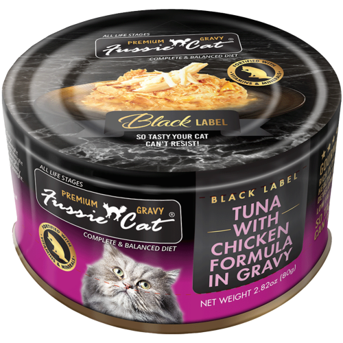 (新包裝) Fussie Cat 80g Premium Gravy Black Label ((Tuna with Chicken Formula in Gravy)) 全齡肉汁主食罐 極品吞拿魚+雞肉 80克 (FUG-YLC) 